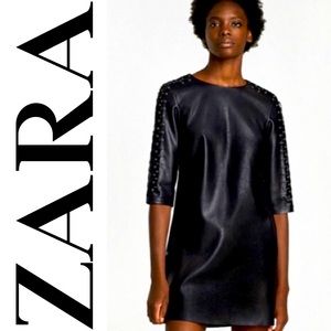 ZARA Black Faux Leather Vegan 3/4 Laced Sleeve Mini Dress Medium 8-10